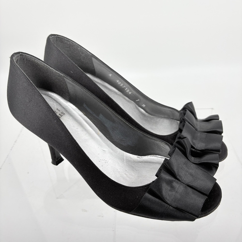 STUART WEITZMAN 7 GIGIRITZ RUFFLE PUMPS BLACK SATIN SIZE OPEN TOE HEELS DRESSY